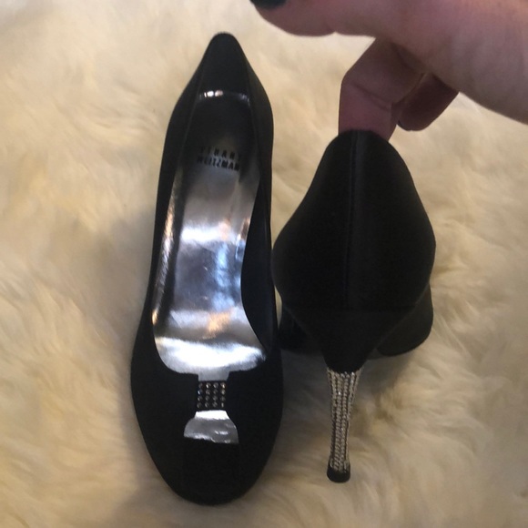 black satin pumps with rhinestones